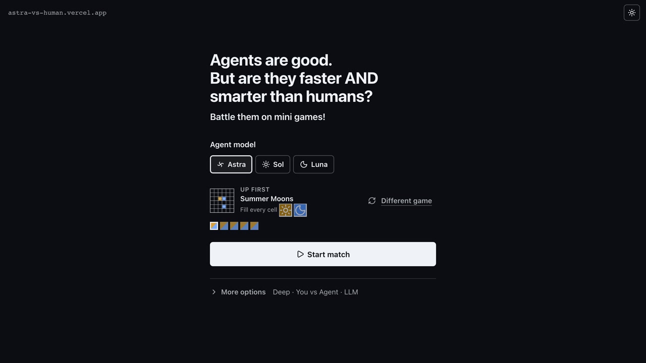 Astra vs Human match setup, with Astra selected and Summer Moons up first